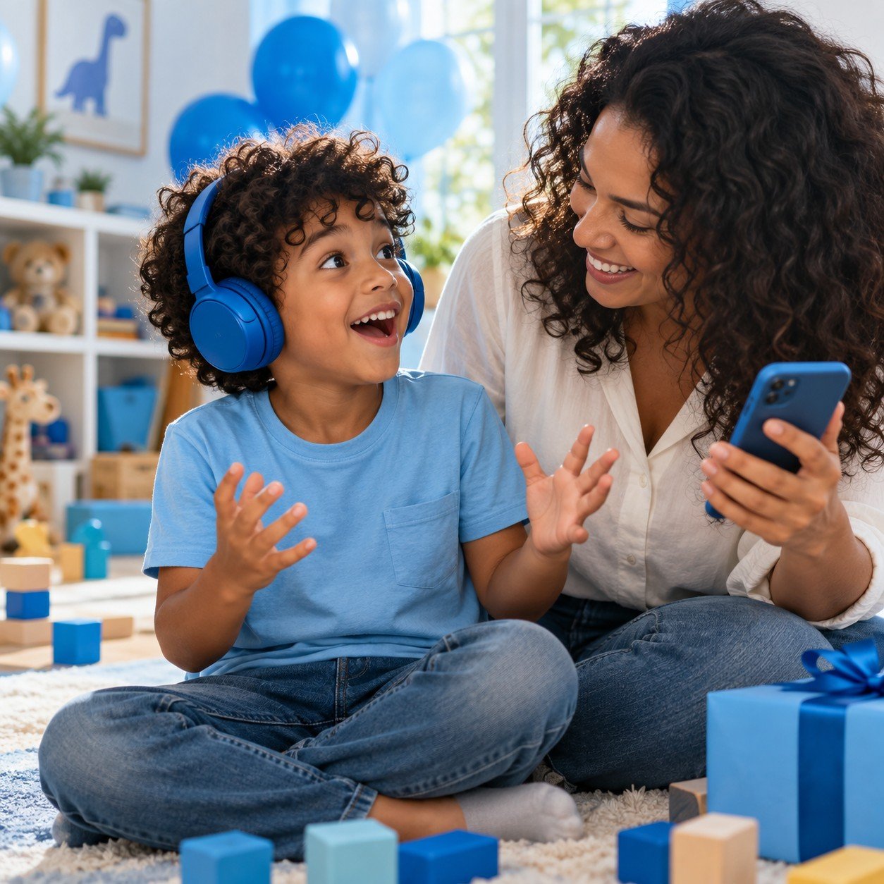 Criança feliz ouvindo música com fones azuis ao lado da mãe
